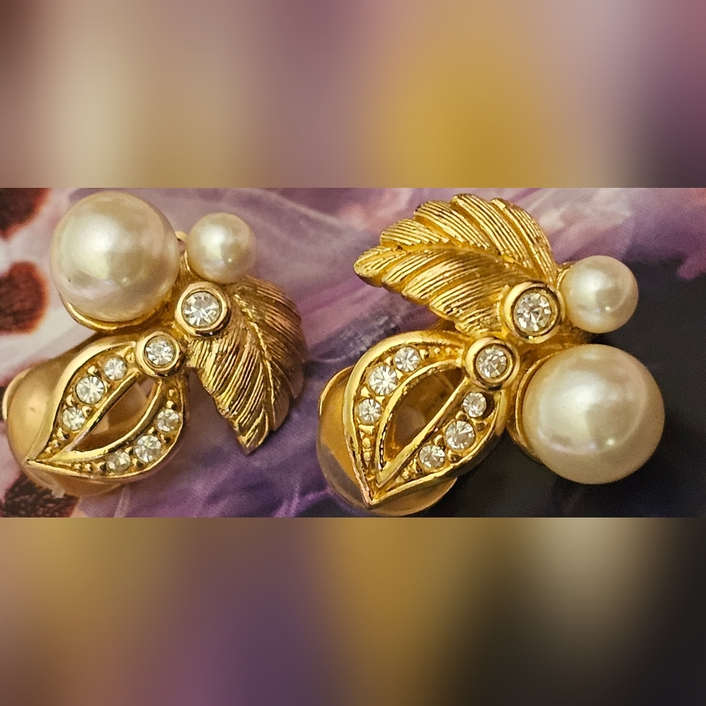 Vintage Christian Dior Gold Tone Faux Pearl Rhinestone Earrings